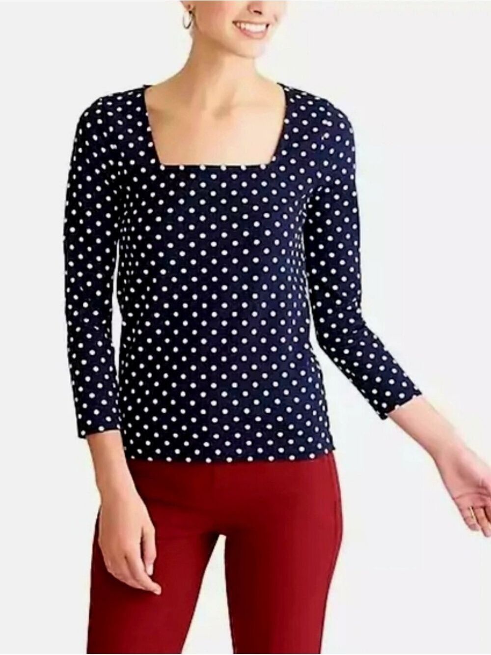 J. Crew Navy Polka Dot Square Neck Top Medium